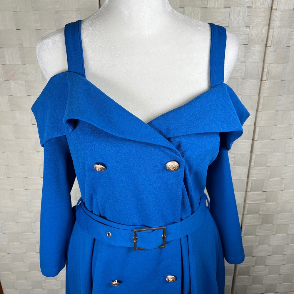 Venus Royal Blue Off Shoulder High Low Belted Dress Silver Buttons Size 6 - Picture 3 of 9